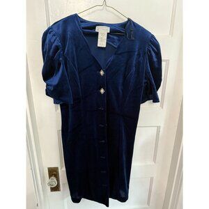 VTG 90s Deep Navy Blue Velvet Button-Up Mini S/S Dress MD